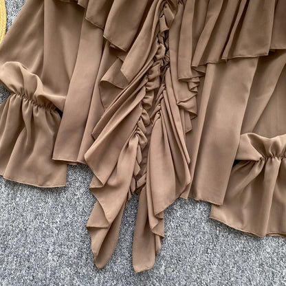 Chic Ruffles Splice Chiffon Blouse V Neck Flared Sleeve Loose Tops 2025 Fashion Solid Fairycore Vacation Women Shirt