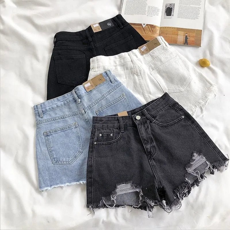 Korean Fashion Cowboy Shorts Women's Summer Casual High Waist Blue Denim Shorts Pocket Tassel Perforated Pants Y2K Female Jeans