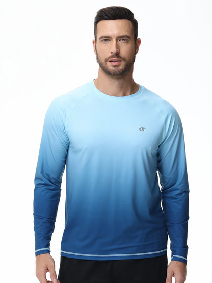 Summer Men's UPF 50+ Beach Swimming T-Shirt, Quick Dry Long Sleeve Fashion Gradient Rash Guard Tops for Sport Fishing Hiking