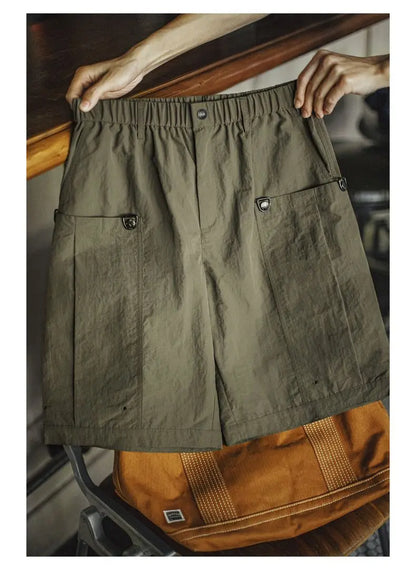 Casual Green Pocket Shorts Men's Summer Lightweight Woven Straight Leg Shorts Elastic Waist Retro Street Versatile Bottoms