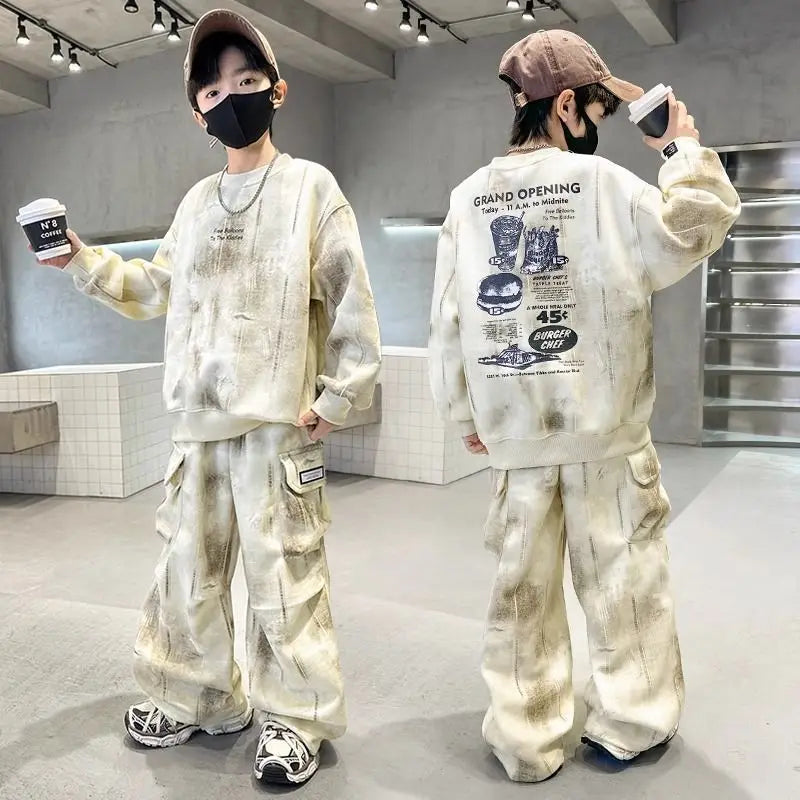 Boys Loose Tie Dye Printed Workout Sweatshirt+Sweatpant Streetwear Set School Kids 2PCS Tracksuit Children Jogger Outfit 5-16 Yr