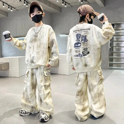 Boys Loose Tie Dye Printed Workout Sweatshirt+Sweatpant Streetwear Set School Kids 2PCS Tracksuit Children Jogger Outfit 5-16 Yr