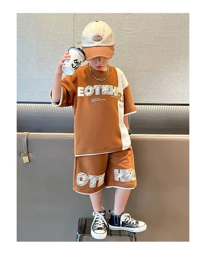 Summer Boys Contrast Patchwork Alphabet Waffle Tee Tops+Shorts Pant School Kids Tracksuit Child 2PCS Outfit Workout Set 5-16 Yr