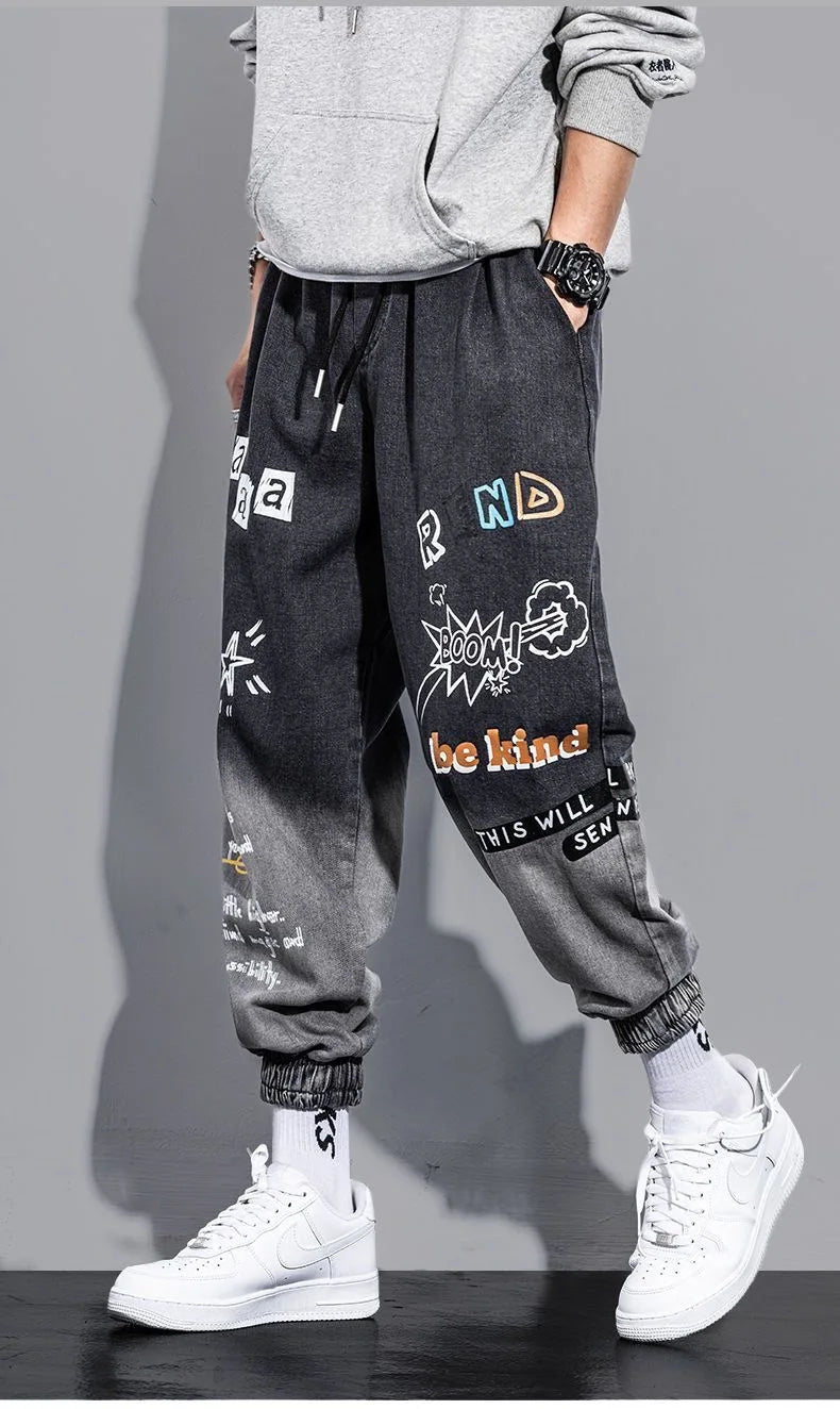 Printing Jeans Men's Gradient Hip Hop Trousers Harem Cartoon Loose Casual Ankle Banded Pants Cargo Denim Jeans Fashion