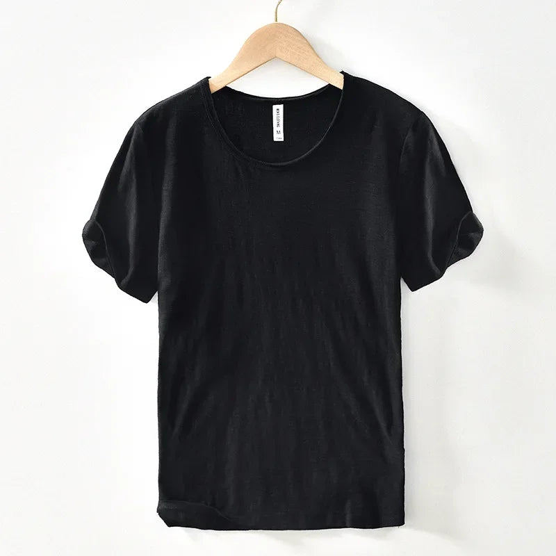 Retro Raw Edge T-Shirt for Men 100% Cotton Lightweight & Breathable Slim-Fit Monochromatic O-Neck Summer Streetwear Essential