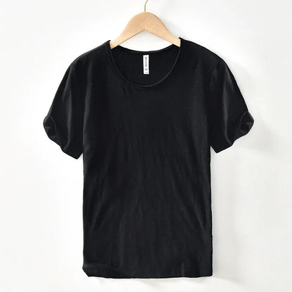Retro Raw Edge T-Shirt for Men 100% Cotton Lightweight & Breathable Slim-Fit Monochromatic O-Neck Summer Streetwear Essential