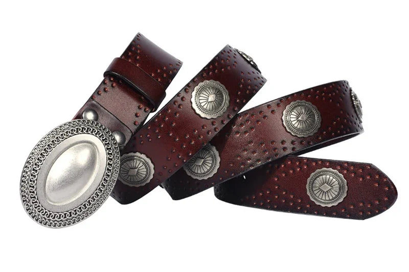 3.8CM Heavy Metal Rivet Men Real Genuine Leather Belt Men Smooth Buckle Stud Punk Jeans Belts For Jeans Strap Rock Cowboy