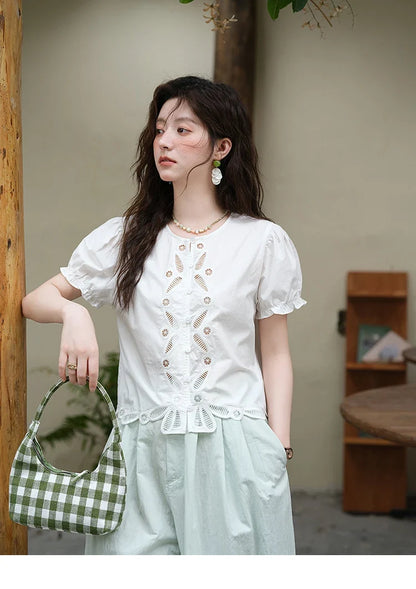 100%Cotton Hollow Embroidery Round Neck Shirt for Women 2025 Summer Puff Sleeve Casual Top Women's Clothing MXE39X1938