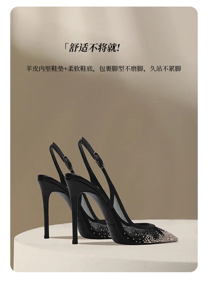 New Baotou sexy sandals with one buckle and summer mesh, rhinestone high heels for women, slim heels, shallow mouth