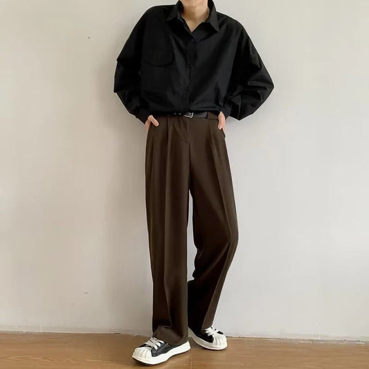 Brown Black Suit Pants Men Fashion Social Mens Dress Pants Korean Loose Straight Wide Leg Pants Mens Office Formal Trousers