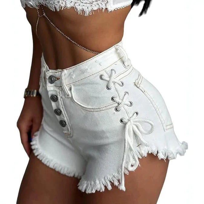 HOUZHOU Women's Cross-strap Shorts White Sexy High-Waisted Slim-Fit Denim Shorts Summer High Street Wrapped Hip Short Jeans
