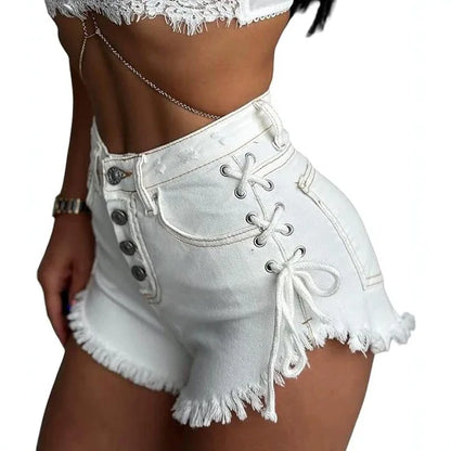 HOUZHOU Women's Cross-strap Shorts White Sexy High-Waisted Slim-Fit Denim Shorts Summer High Street Wrapped Hip Short Jeans