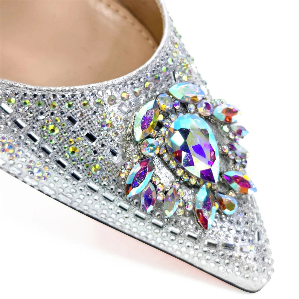 2024 Latest Wedding Pointed Toe Women's Shoes High Heel Black Color Rhinestones italian shoes and bags matching set