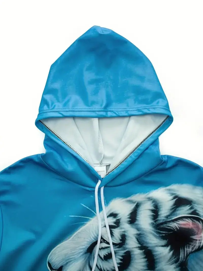 Men's 3D Tiger Graphic Hoodie, Active Slightly Stretch Breathable Hooded Sweatshirt For Outdoor 2023 Autumn and Spring Fashion