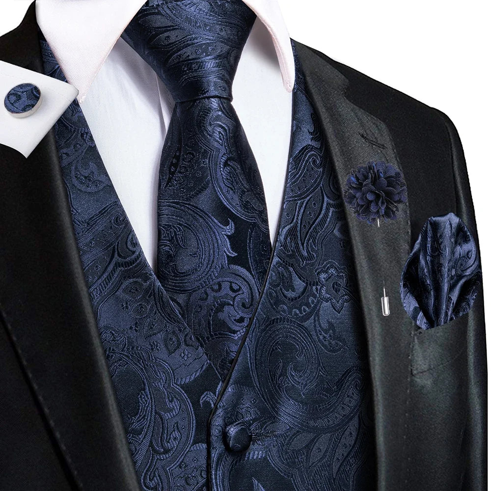 Luxury Gold Black Mens Vests Print Jacquard Waistcoat Tie Hanky Cufflinks Brooch Set for Men Wedding Formal Business Hi-Tie