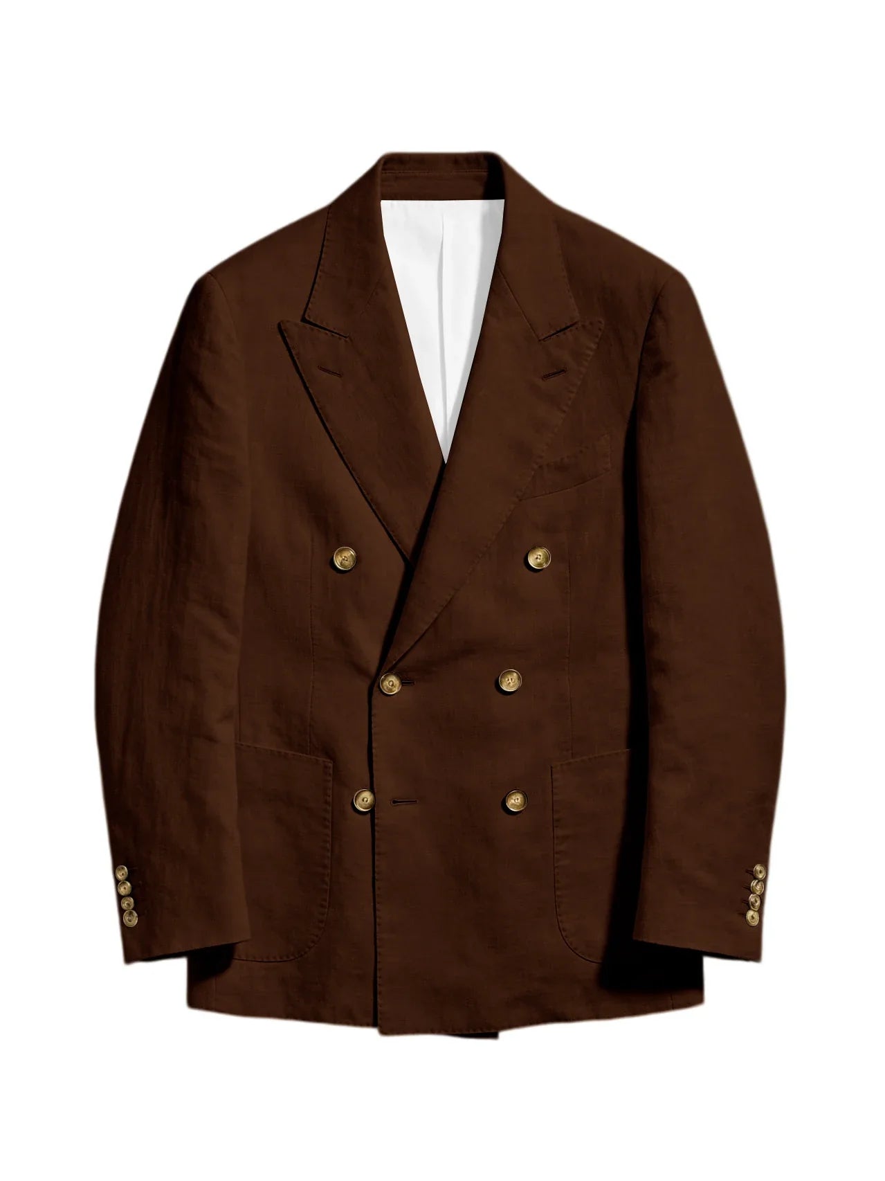 Men's Linen Double Breasted Blazer Peak Lapel Casual Business Suit Jacket With Patch Pockets For Daily Office Wear