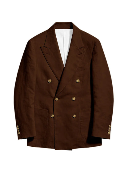 Men's Linen Double Breasted Blazer Peak Lapel Casual Business Suit Jacket With Patch Pockets For Daily Office Wear