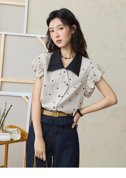 Summer Office Lady Blouses Women 2025 Short Sleeve Turn-down Collar Polka Dot Shirts Female Fashion Slim Tops MXE31C0776