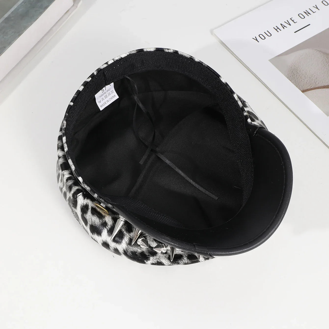 Sweet cool Spice Girl style riveted spider hoop PU leather newsboy hat Y2K fashion trend shopping face small beret