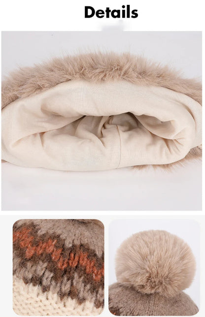 New Thick Warm Women Winter Hat Skullies Beanies Knitted Fur Hat Three Fur Ball Beanie Hat Female Earflap Cap Russian Hat
