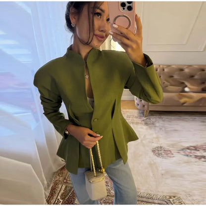 Chic Pleated Waist Cinched Women's Jacket V Neck Single Breasted Lace Up Blazer Coat Lady 2026 Casual Slim Commute Outerwear