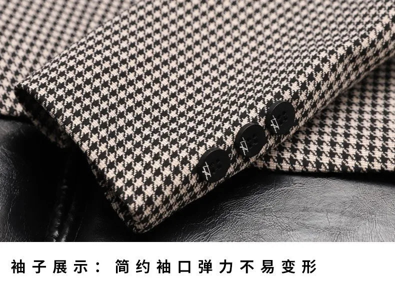 Plus-Size Men's Spring New Korean Style Slim-Fit Trendy Handsome Single-Breasted Houndstooth Suit Jacket