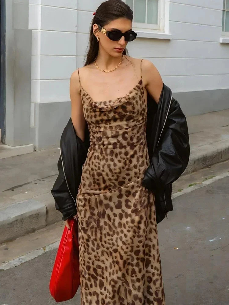 Leopard Print Dress Woman Summer Sexy Swing Collar Spaghetti Straps Backless Ruffles Party Clubwear Skinny Vestidos
