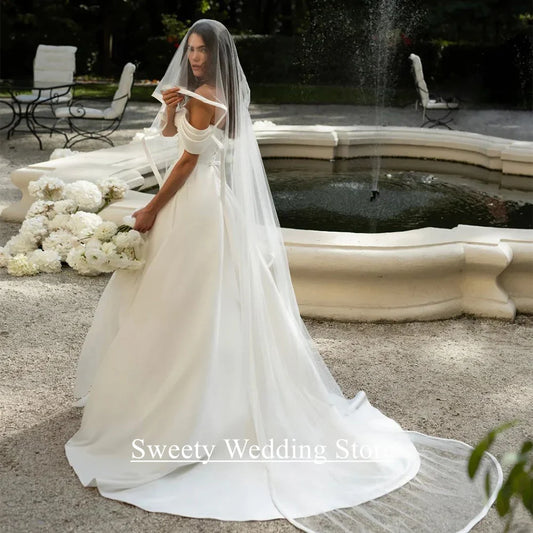 Romantic Wedding Dress Customized Off The Shoulder Pleat Body Sweep Train A Line Satin Bridal Gown Vestidos De Novia Lace-up