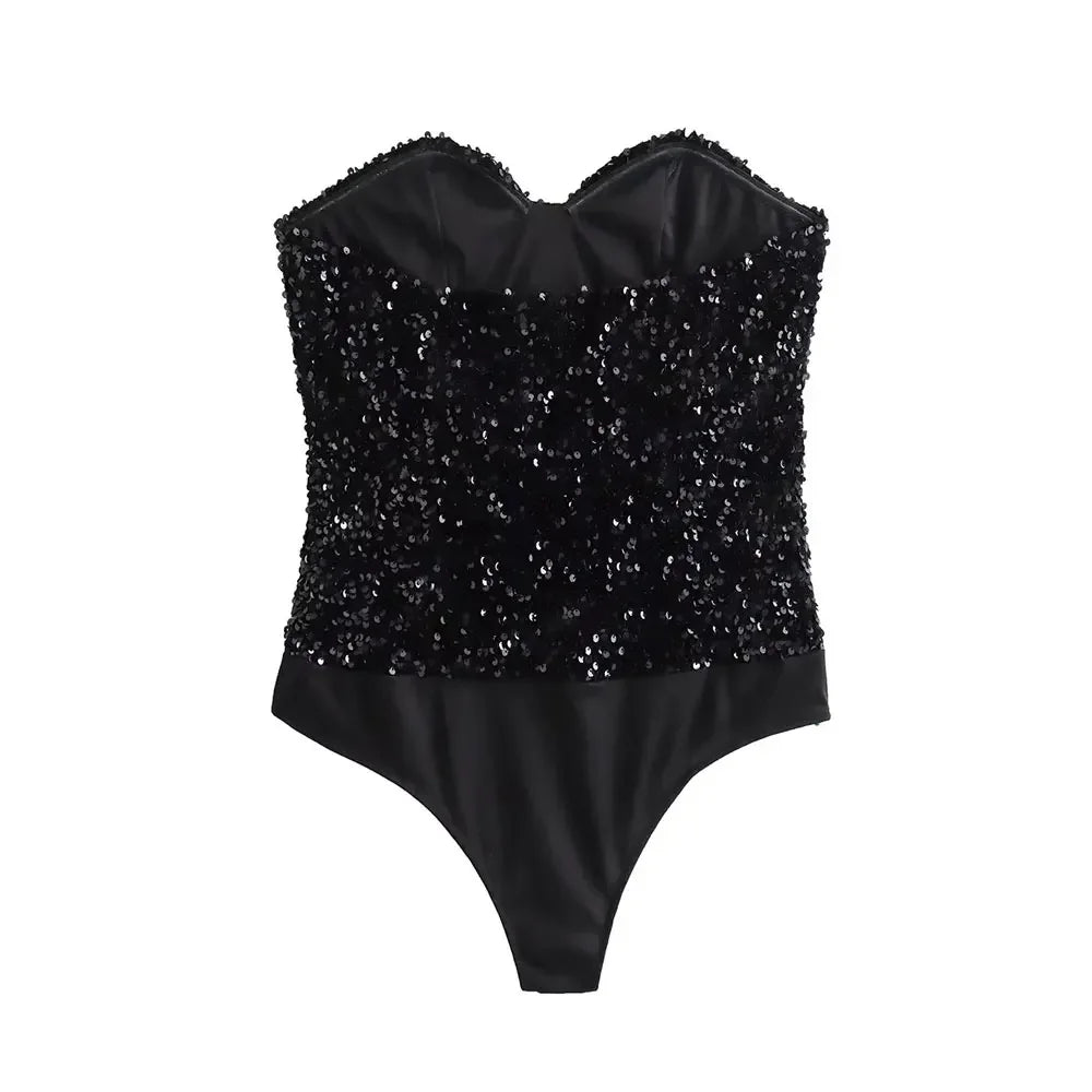 Strapless Sequin Bodysuits for Women, Backless Bodysuits, Sweetheart Neck, Female Playsuits, Sexy Fashion