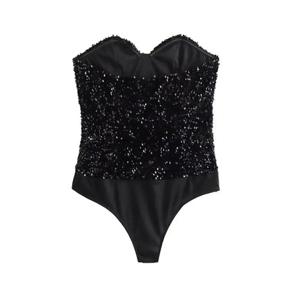 Strapless Sequin Bodysuits for Women, Backless Bodysuits, Sweetheart Neck, Female Playsuits, Sexy Fashion