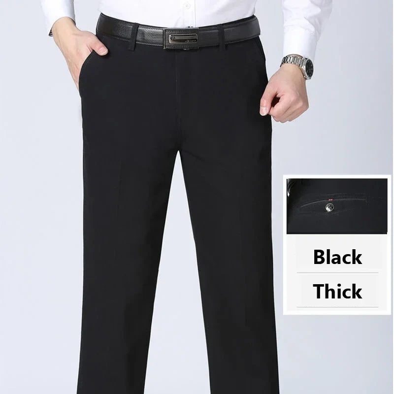 Men's Spring Autumn 100% Cotton Middle-aged Business Trousers Straight Slacks High Waist Dad's Thin Thick Casual Male Suit Pants