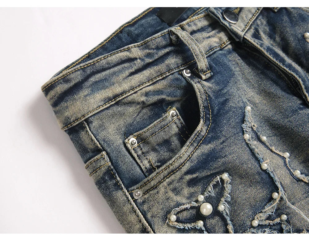 Men's Pearl Boot Cut Denim Jeans Embroidery Patch Slim Flared Pants Casual Streetwear Vintage Blue Trousers