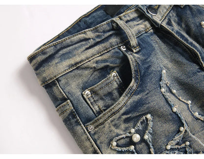 Men's Pearl Boot Cut Denim Jeans Embroidery Patch Slim Flared Pants Casual Streetwear Vintage Blue Trousers