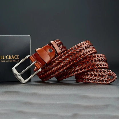 Genuine Leather Cowhide Casual Men's Belt, Trendy Knitted Belt With Alloy Buckle, Gift For Boyfriend/Husband/Father