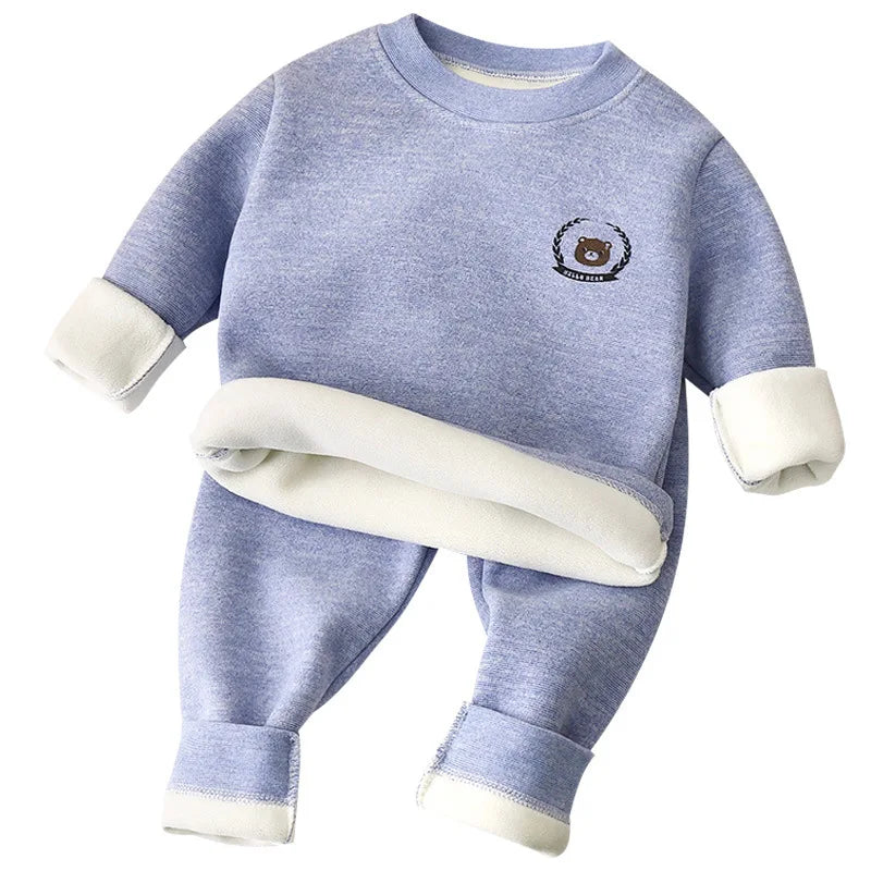 New Children's Warm Underwear Set Boys and Girls Winter Cartoon Plus Velvet Thick Round Neck Sleepwear 2PCS Set