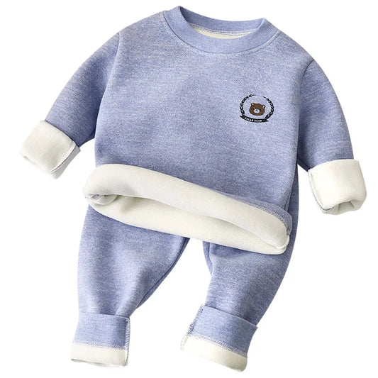 New Children's Warm Underwear Set Boys and Girls Winter Cartoon Plus Velvet Thick Round Neck Sleepwear 2PCS Set