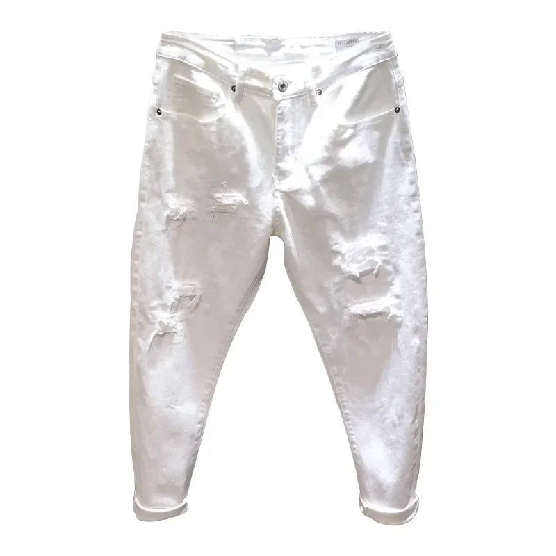New Ripped Hole Jeans Men White Fashion Harem Male Pants  All-match Stretch Comfortable Streetwear Denim Trousers