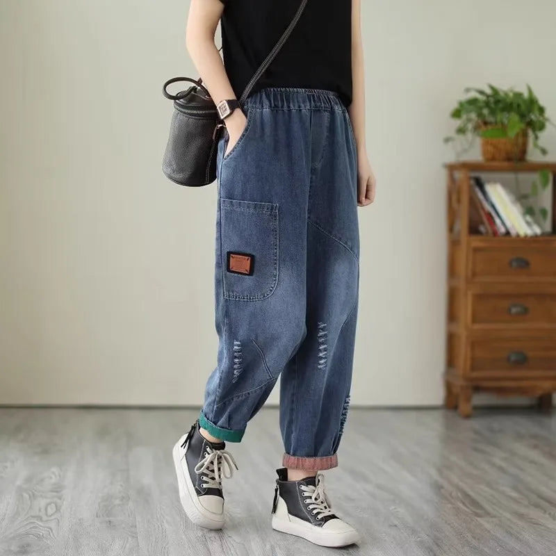 Loose Harlan Jeans Women's Denim Pants Middle-Aged Mom Trendy plus Size Carrot Shape High Waist Cotton Stretch Fabric All Sea...