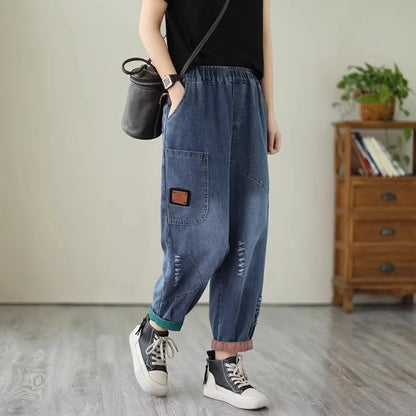 Loose Harlan Jeans Women's Denim Pants Middle-Aged Mom Trendy plus Size Carrot Shape High Waist Cotton Stretch Fabric All Sea...