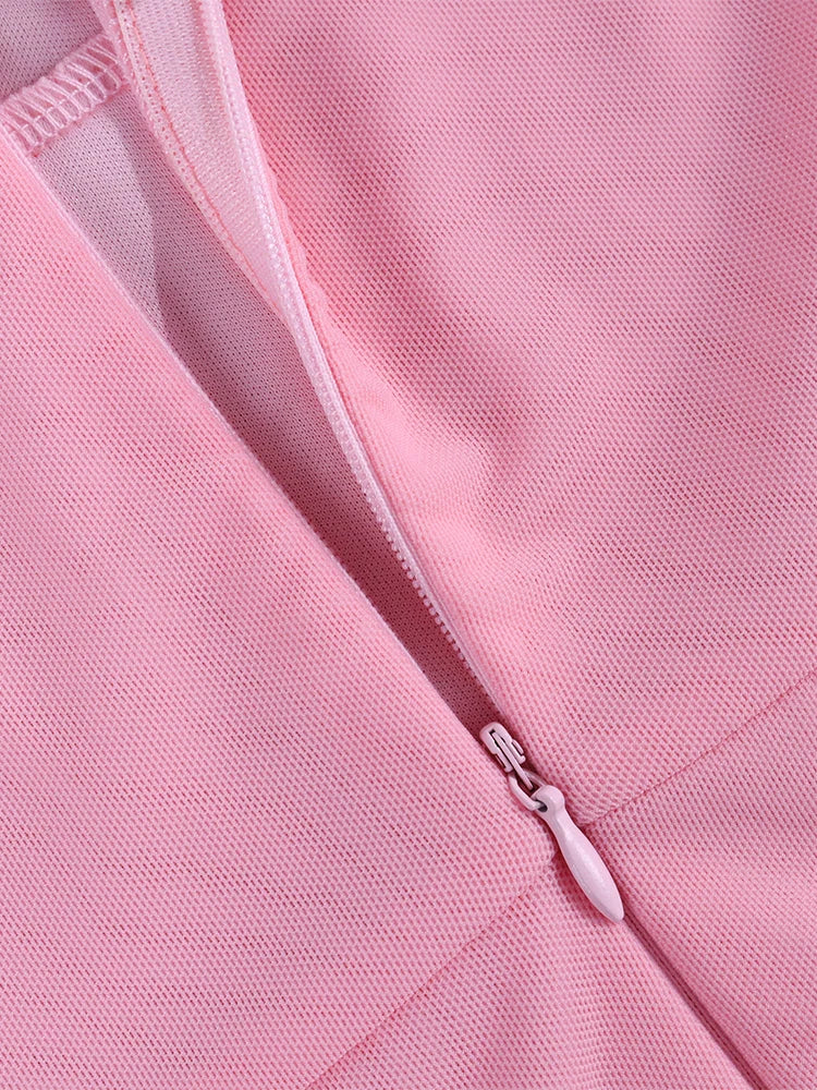 Halter Flounce Sleeves Mesh Pink Dress Women Sexy Solid Backless Bandage Mini Vestido Summer Vacation Party Club