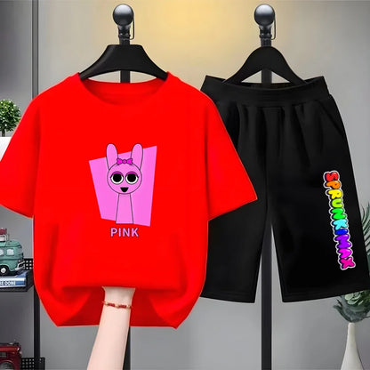 Summer Boys Girls Age 3-12 Tee+Shorts Suit Children Short Sleeve T-Shirts Child Casual Pink Black Clothes Sprunki Graphics