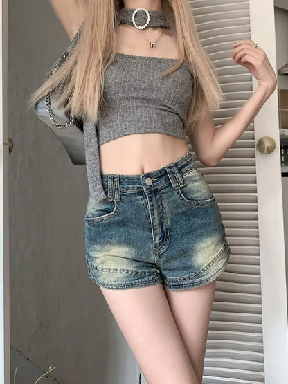 Retro Washed Denim Shorts for Women High Waist Slimming Hot Pants Mini Skirt Y2K Style Summer Fashion Small Stature Sexy Look