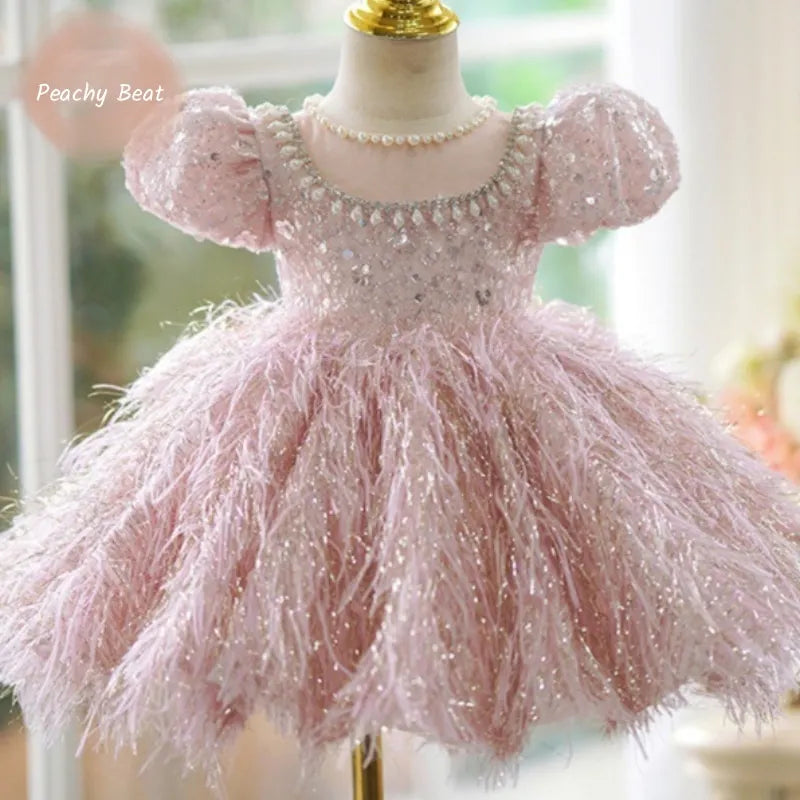 Fashion Baby Girl Princess Sequins Feather Dress Puffy Sleeve Toddler Child Pearl Vestido Party Birthday Baby Clothes 2-14Y