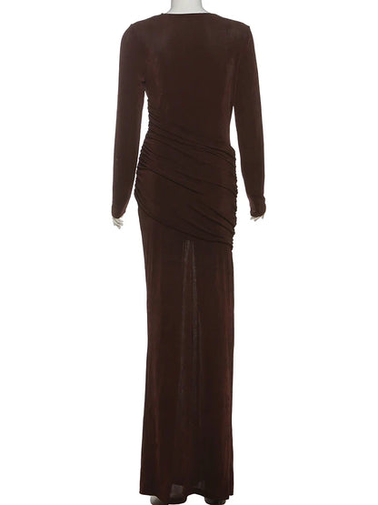 Folds Maxi Dress Women O-Neck Full Sleeve Solid Banquet Elegant Vacation Fashion Autumn Skinny Casual Simple Vestido