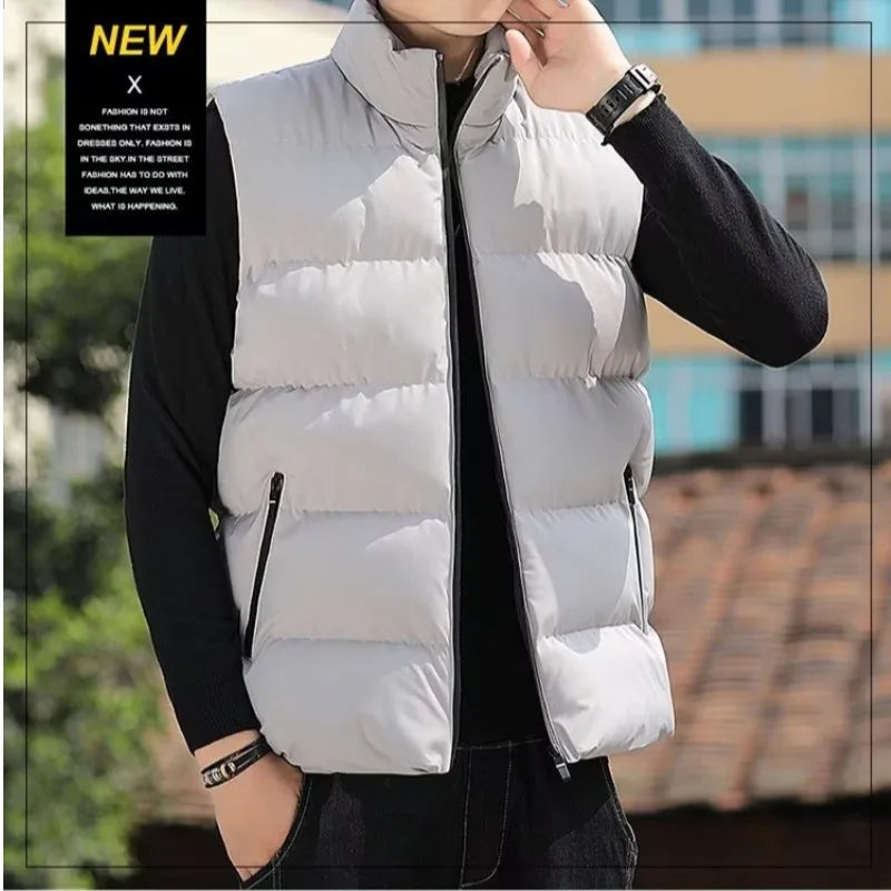 Men's down Vest Thickened Casual Style Stand Collar Jacket Autumn Winter New Fashion Youth Active Fit Zipper Pocket Daily Wear