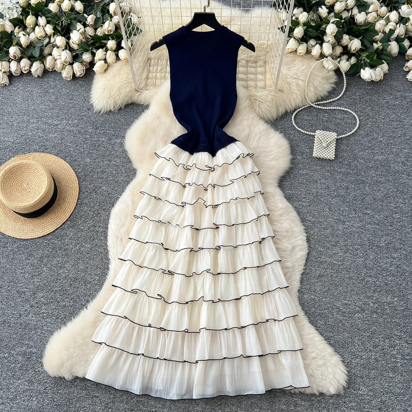 Autumn 3D Floral Spliced Long Dress 2025 Female O Neck Long Sleeves High Quality Slim Luxury Knitted Party Cake Dress