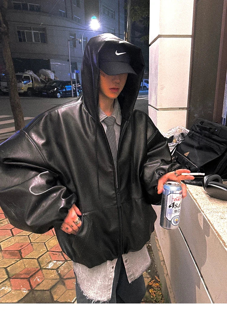 Spring Autumn Short Oversized Black Soft Pu Leather Jacket Men with Hood Zipper Loose Casual Korean Fashion Clothes