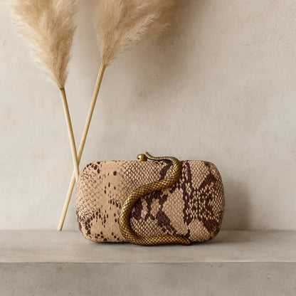 Elegant Box Clutch Bag with Gold Snake Closure, beige off white pu Leather, Evening Wedding Party Handbag, Spring 2026 new