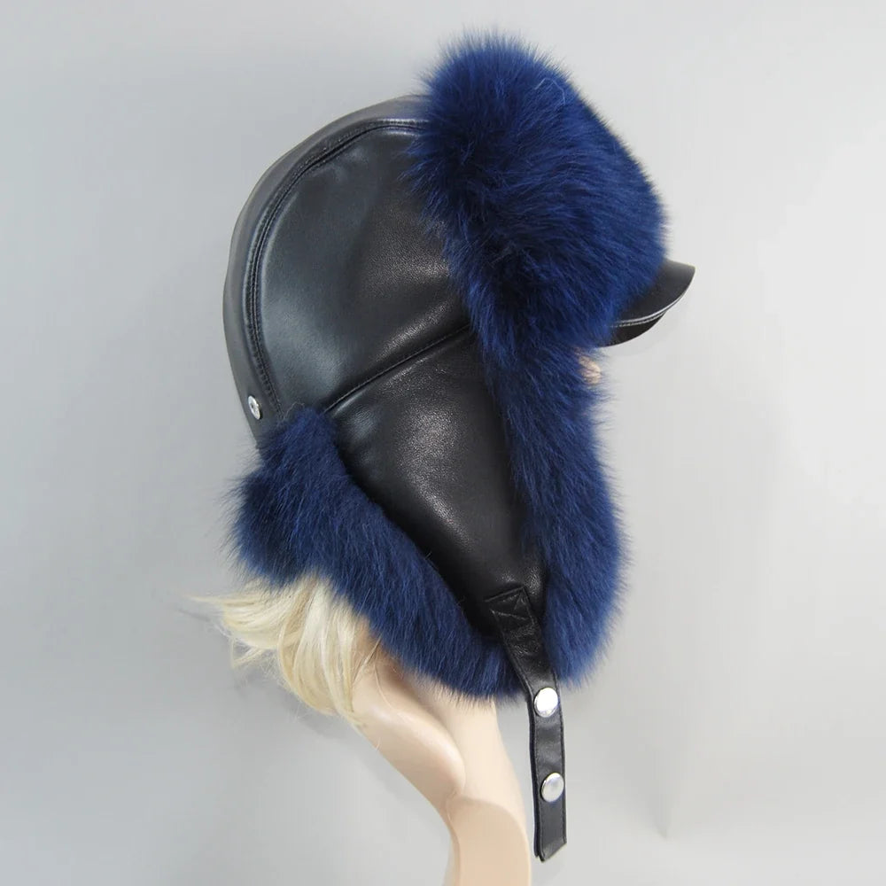 100% Real Fox Fur Hat Women's Russian Ushanka Aviator Trapper Snow Skiing Hat Caps Earflap Winter Raccoon Fur Bomber Hat