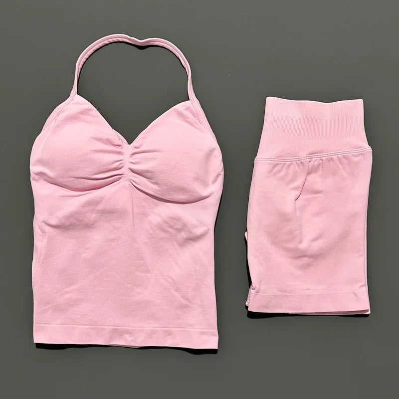 2 Piece Sports Set Women Seamless Yoga Tank With Removable Pads Top Scrunch Butt Workout Leggings Suit Gym Sports Sets